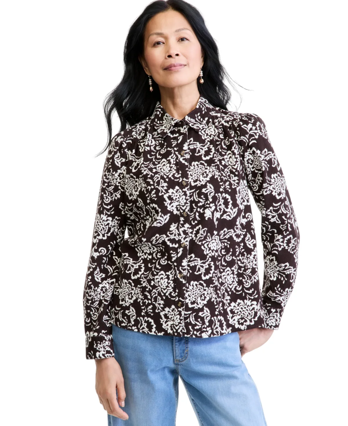 Printed Corduroy Long-Sleeve Blouse