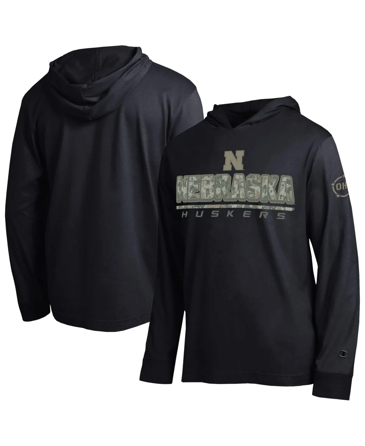 Nebraska Huskers Operation Hat Trick Camo Script Hooded Long-Sleeve T-Shirt by Champion