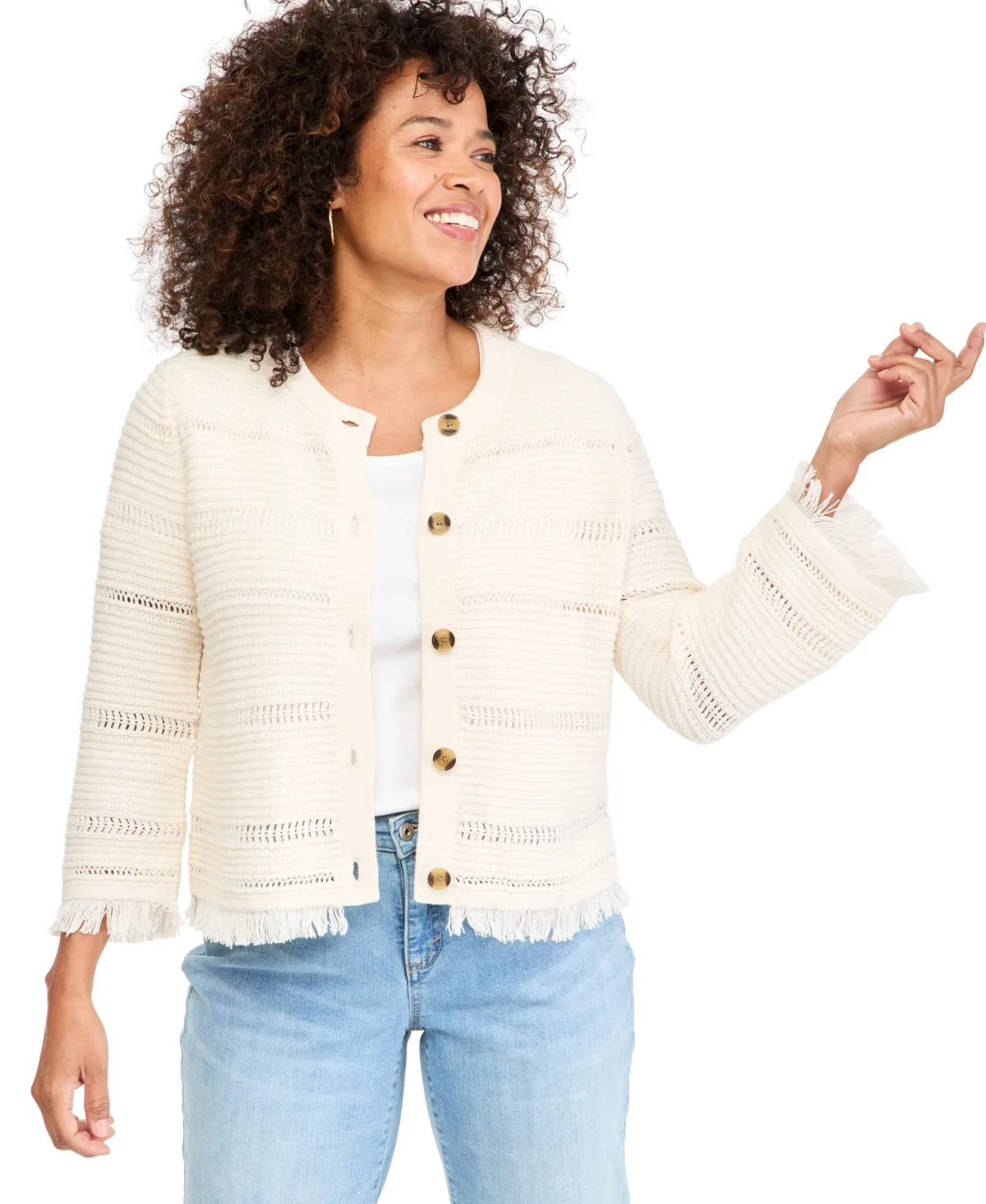 Fringe Hem Crewneck Cardigan by Style & Co