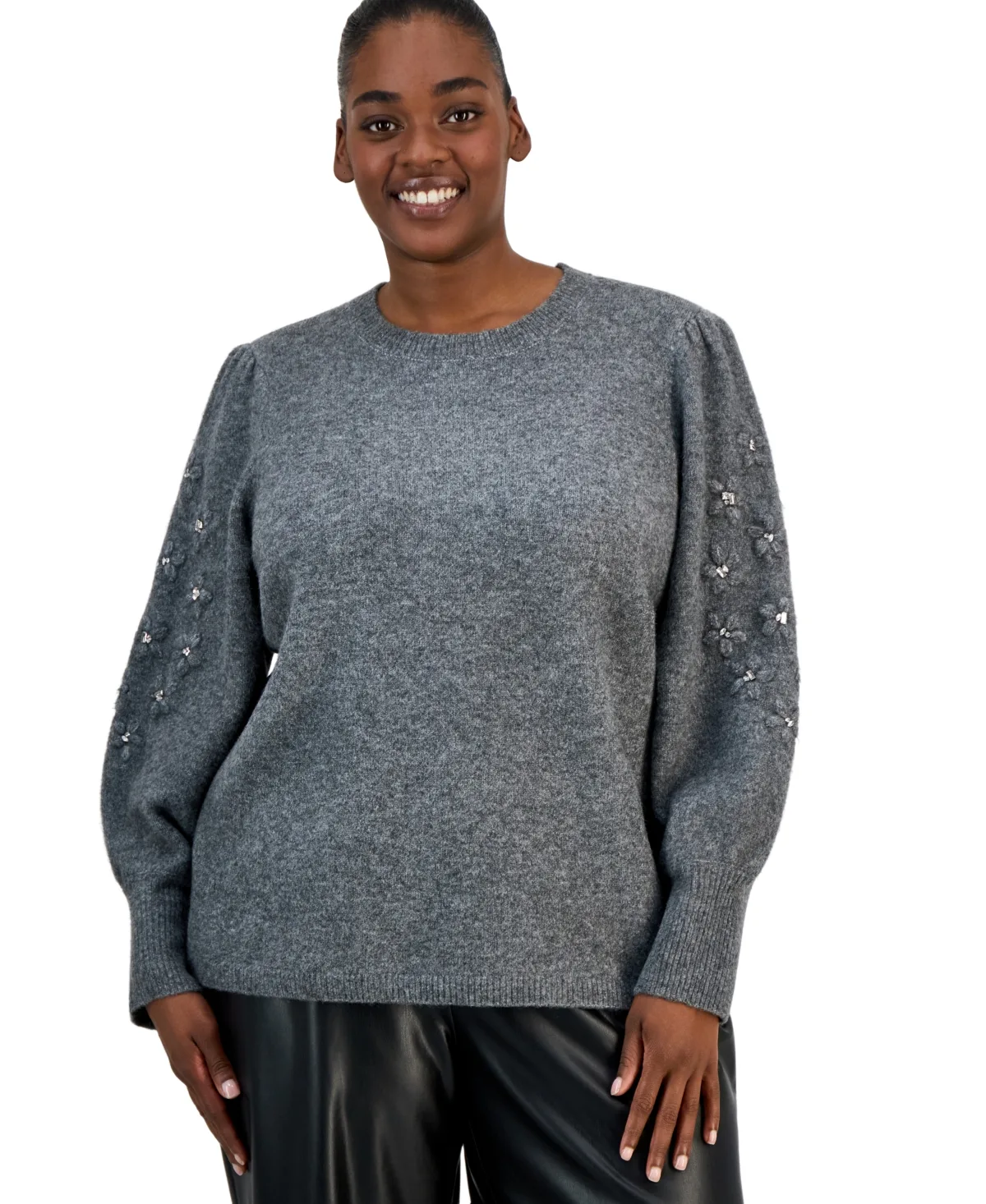 Puff-Sleeve Sequin-Flowers Crewneck Sweater by Anne Klein
