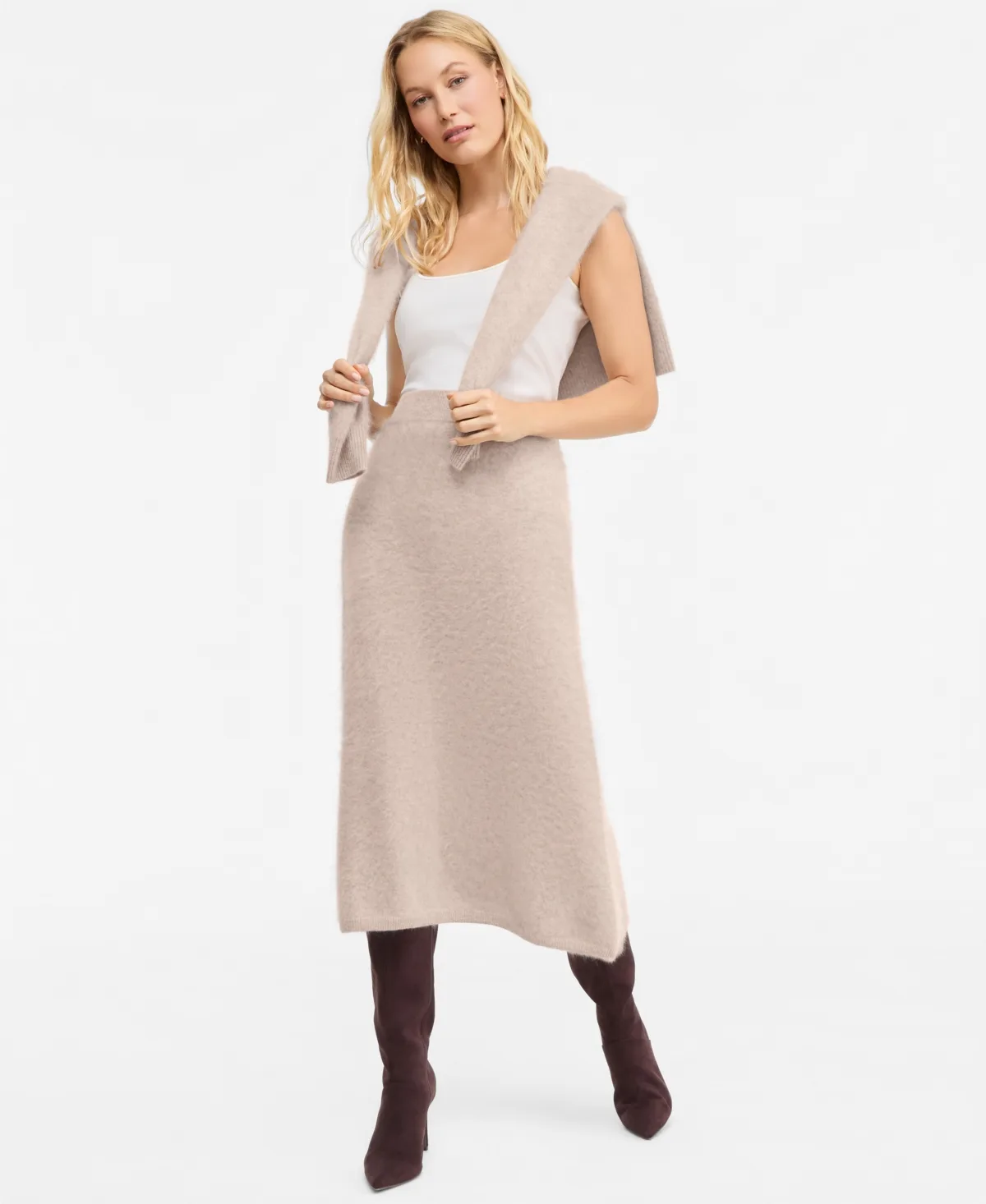 100% Cashmere High-Waisted A-Line Brushed Skirt