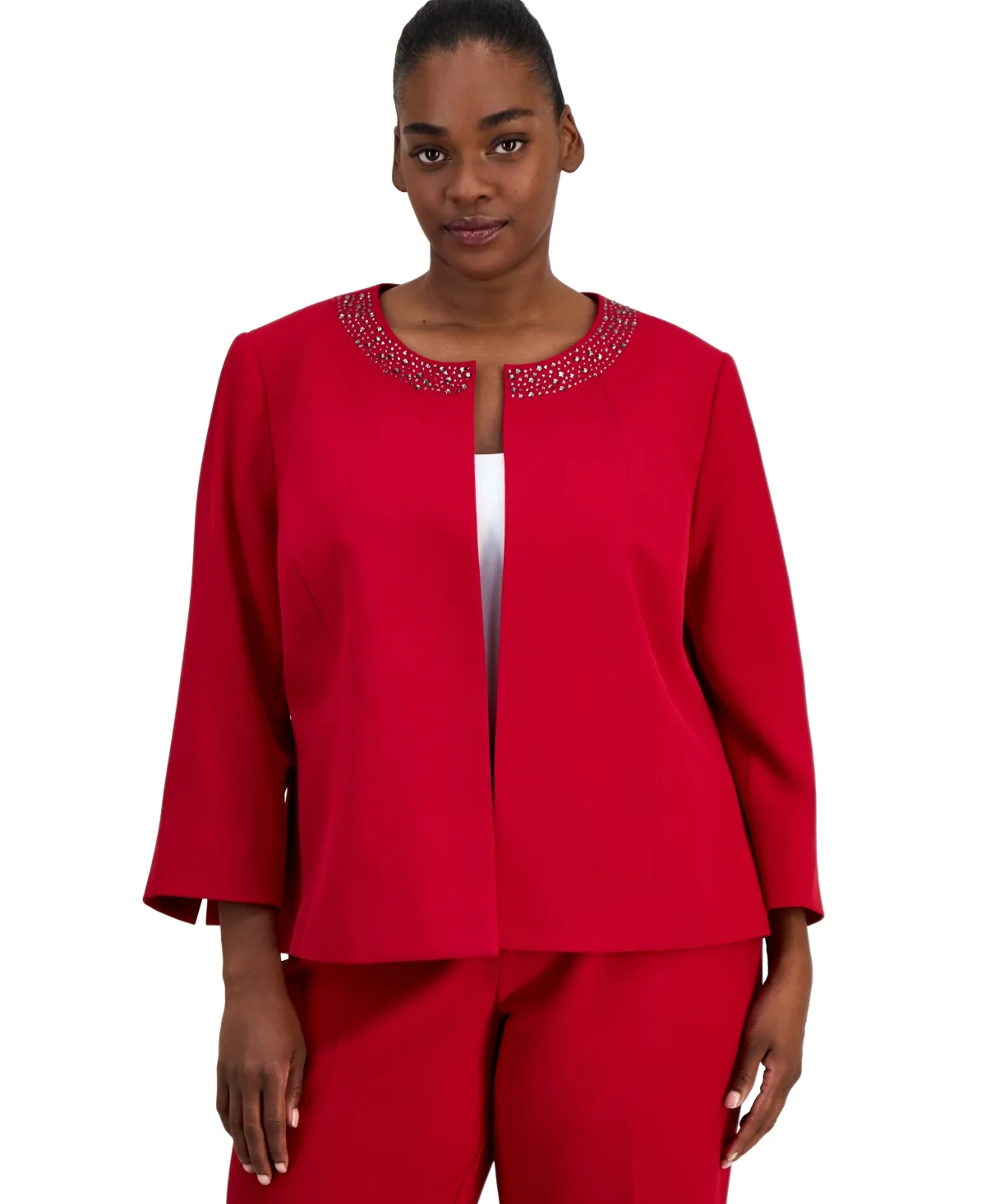 Collarless Embellished 3/4-Sleeve Cardigan by Kasper