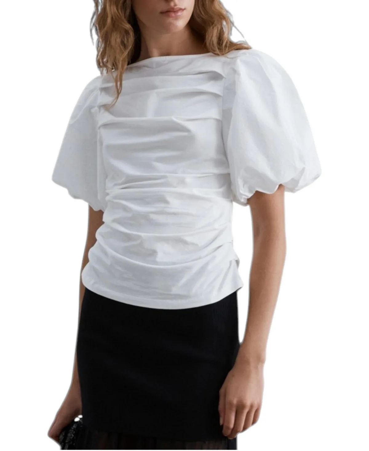 Puff-Sleeve Boat Neck Ruched Blouse by Scalpers