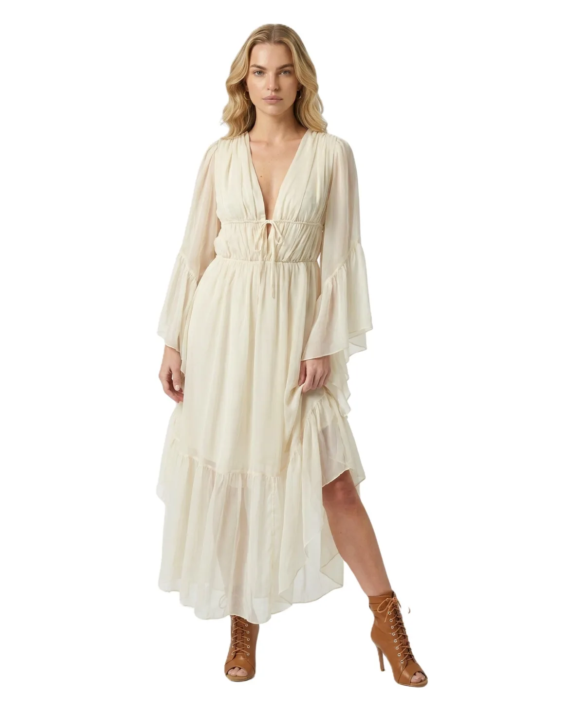 Plunging V-Neck Ruffle-Sleeve Maxi Dress