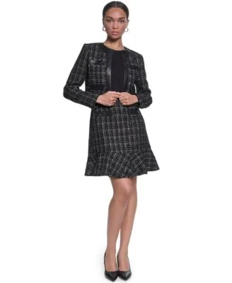 Mixed Media Sleeveless Sheath Dress Metallic Tweed Jacket with Faux Leather Trim by Karl Lagerfeld