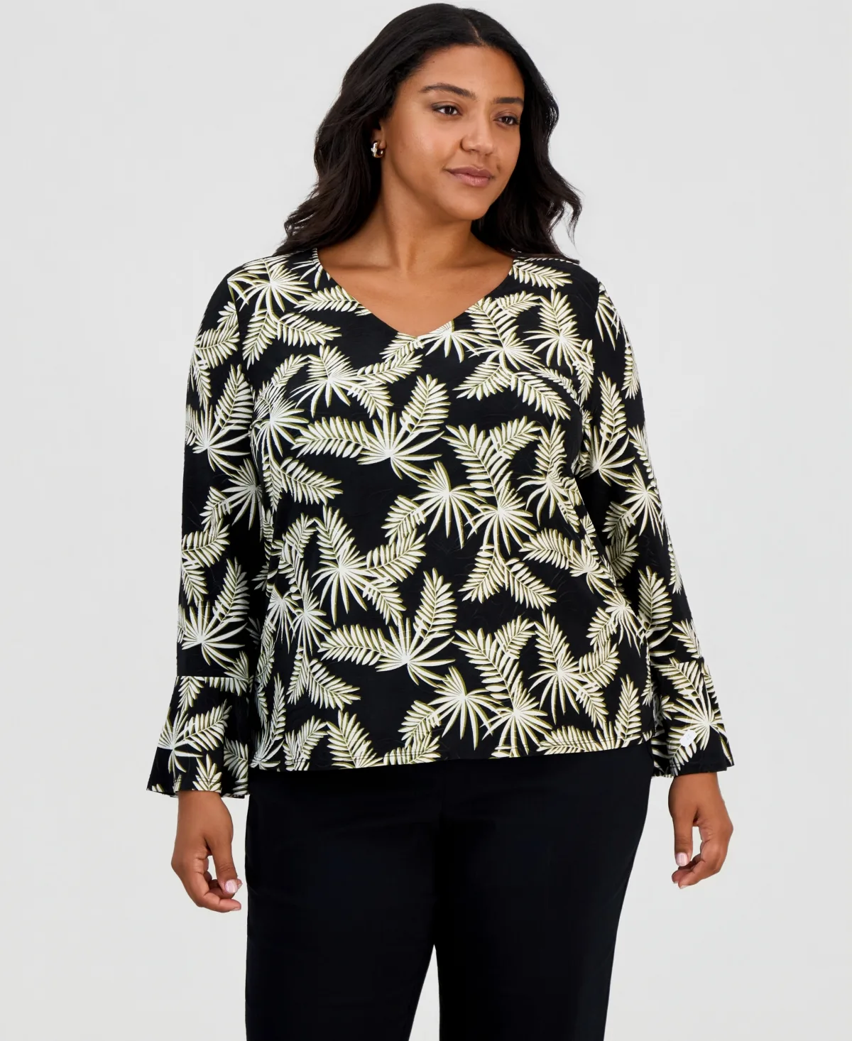 Printed V-Neck Flounce Sleeve Jacquard Top by JM Collection