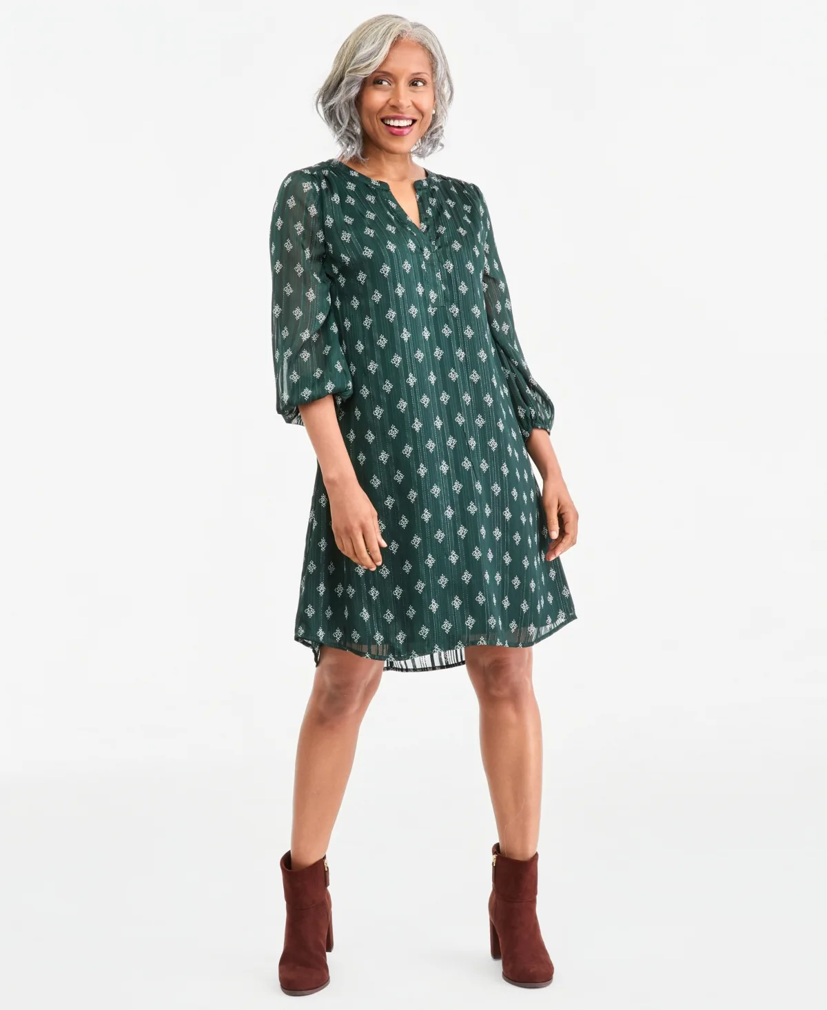 Printed Lurex Split-Neck Dress by Style & Co