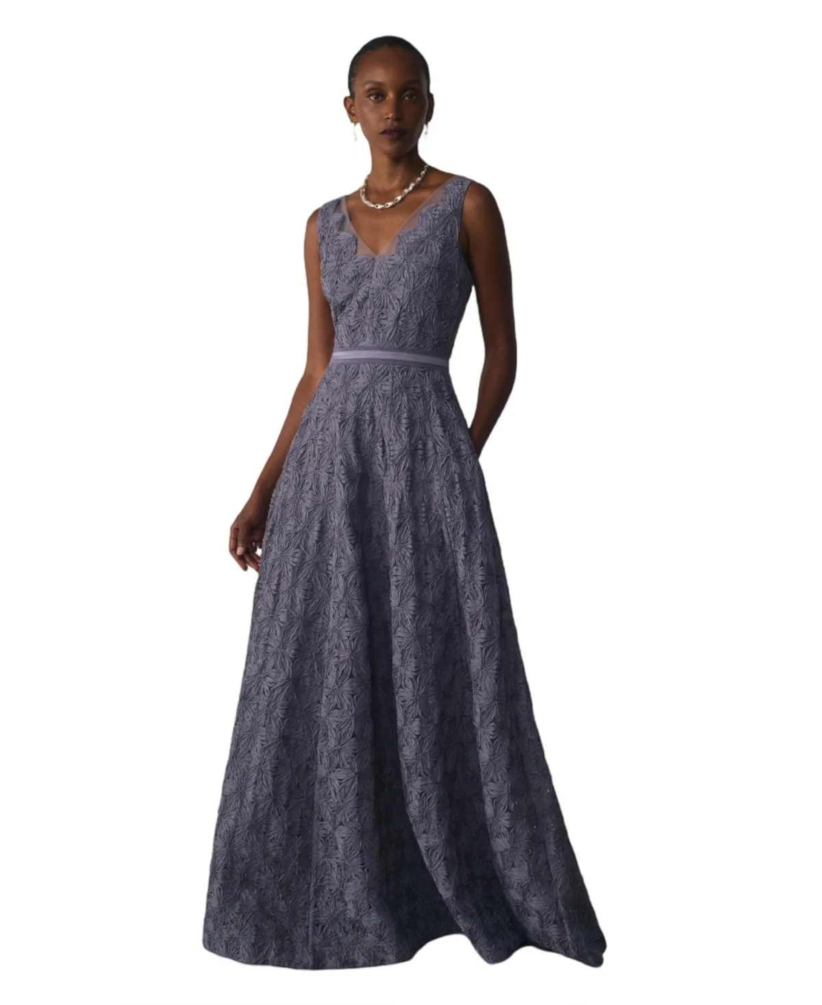 Lorenne V-Neck Sleeveless Floral-Print Lace Maxi Gown by The Fold
