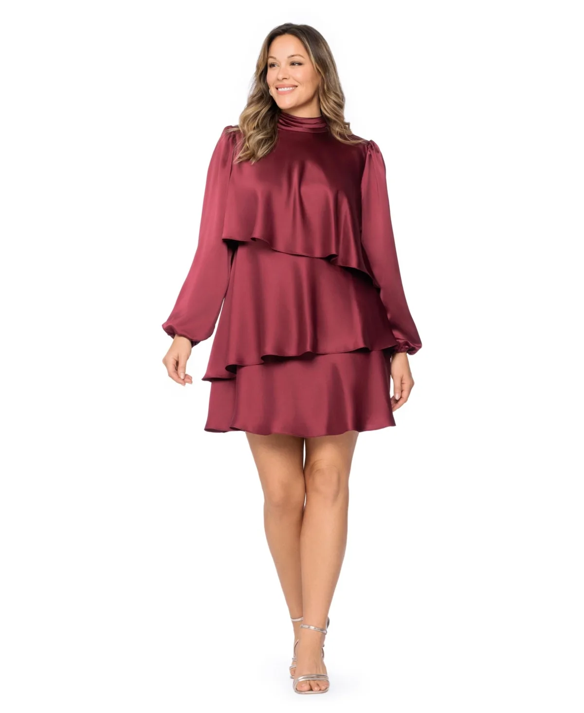 Tiered Satin Wedding Guest Mock Neck Long-Sleeve Mini Dress by Xscape