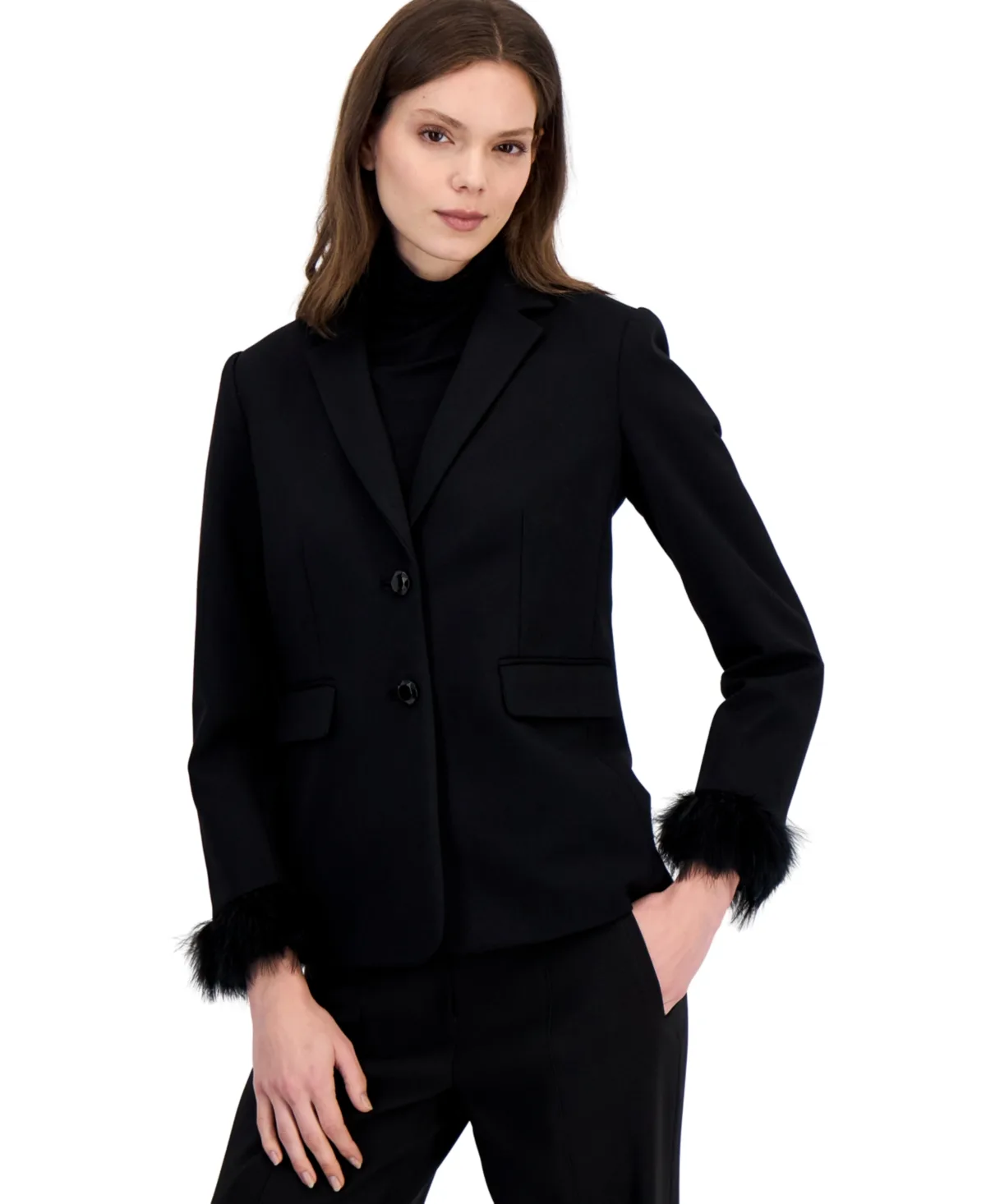 Petite Notched Collar Feather-Sleeve Blazer by Anne Klein