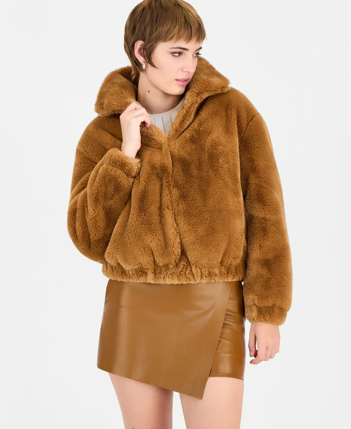 Xena Long-Sleeve Faux Fur Synched Waist and Cuffs Bomber Jacket by GUESS