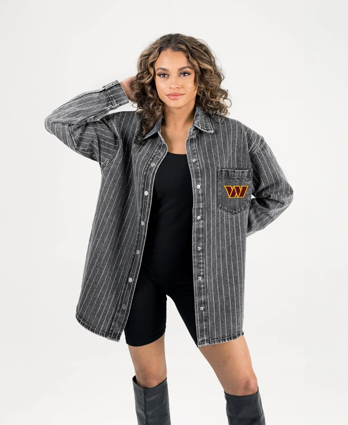 Washington Commanders Oversized Styles the Limit Micro-Rhinestone Stripe Washed Denim Button Up Overshirt by Gameday Couture