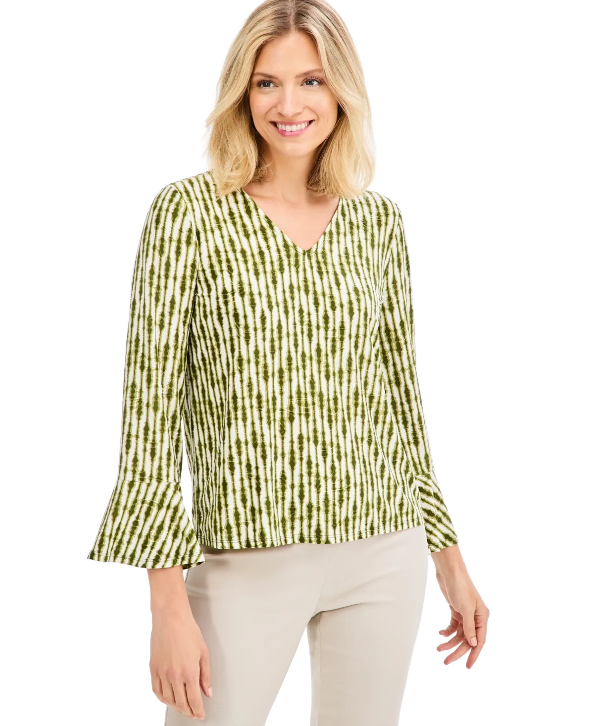 Printed 3/4-Sleeve V-Neck Jacquard Tee by JM Collection