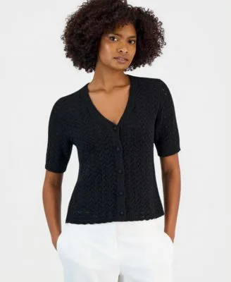 Textured Stitch Short Sleeve Cardigan by Kasper