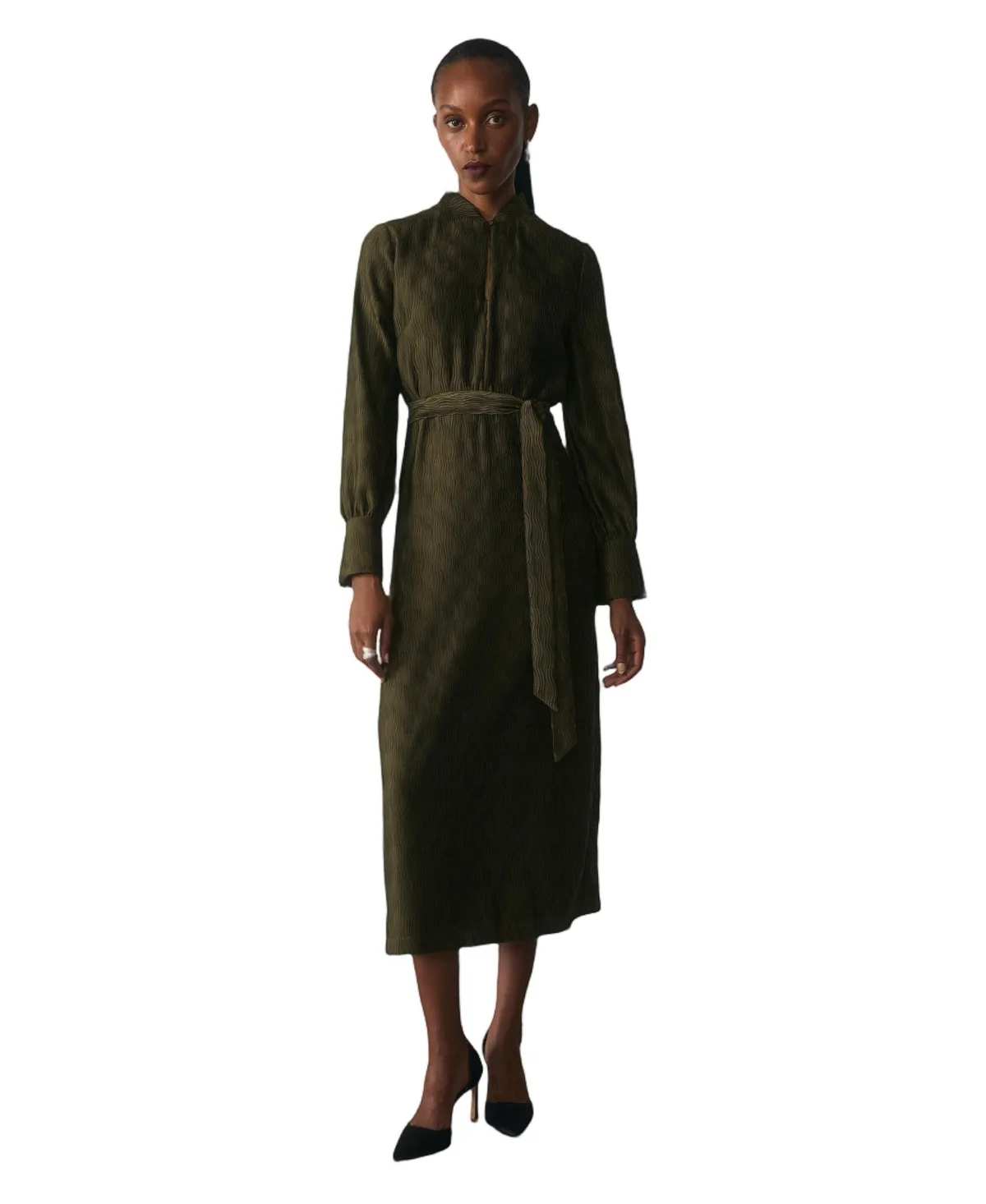 Aurellie Long-Sleeve Wave-Pleated Midi Dress by The Fold