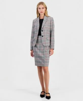 Sleeveless Compression Plaid Sheath Dress Two Button Blazer by Kasper