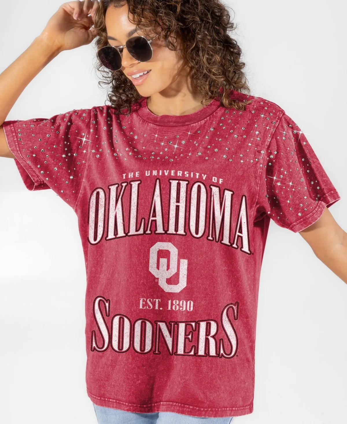 Oklahoma Sooners Sparkle Score Washed Micro Rhinestone T-Shirt