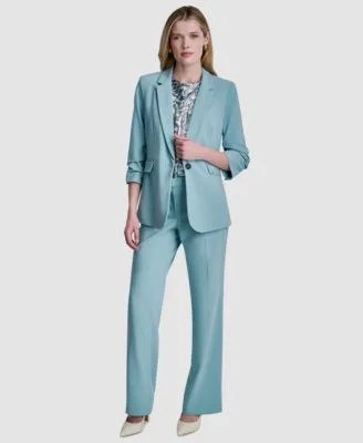 Notch Collar Ruched Sleeve Blazer Printed Cowl Neck Blouse Mid Rise Ankle Length Pants by DKNY