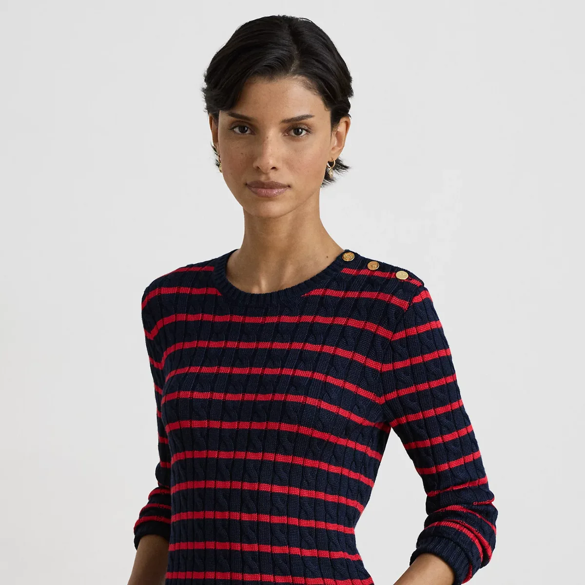 Striped Button-Trim Cable-Knit Jumper by Lauren Ralph Lauren