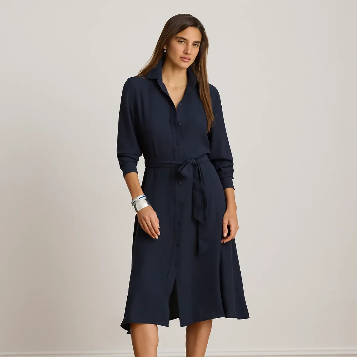 Belted Double-Faced Georgette Shirtdress