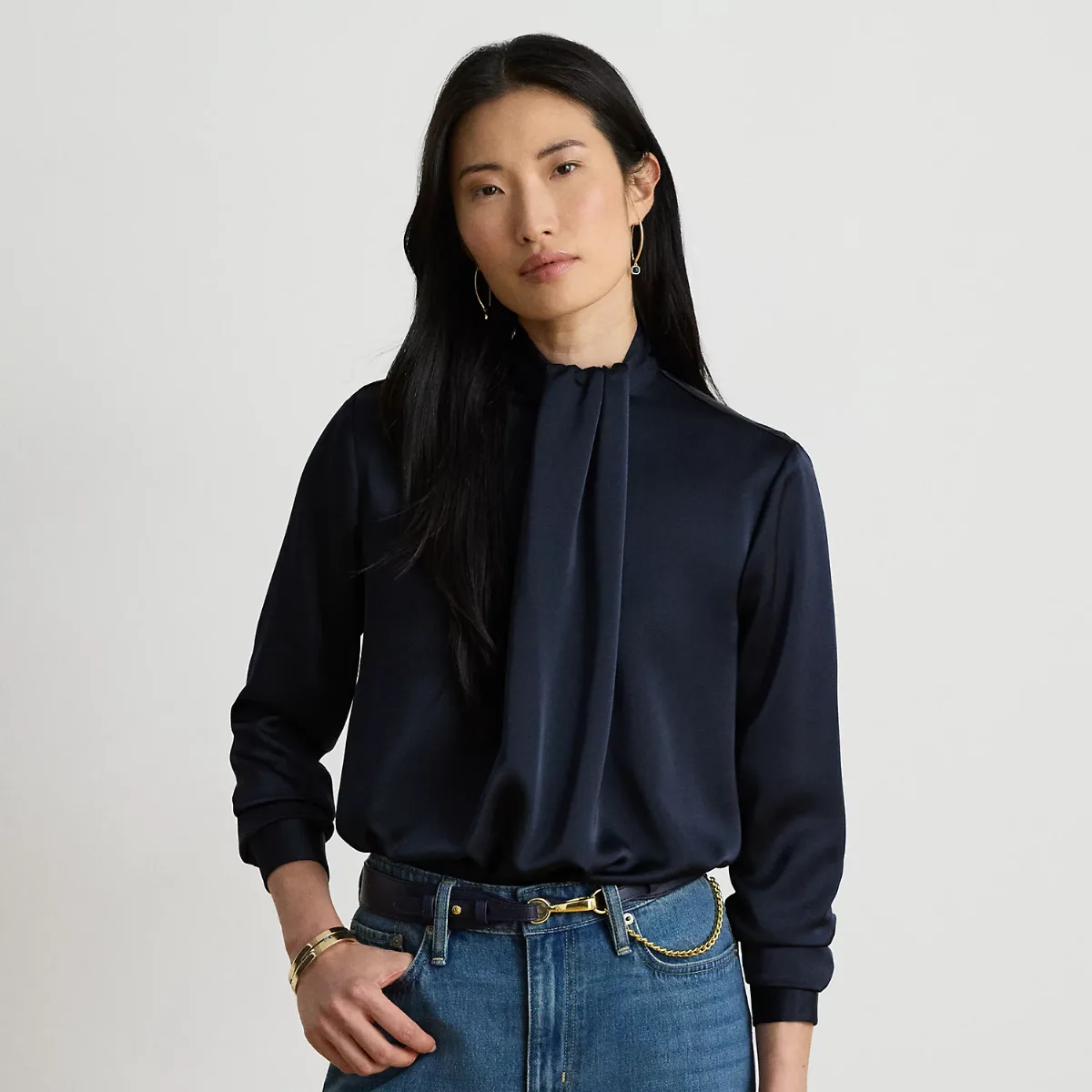 Pleated Satin Charmeuse Mockneck Blouse by Lauren Ralph Lauren
