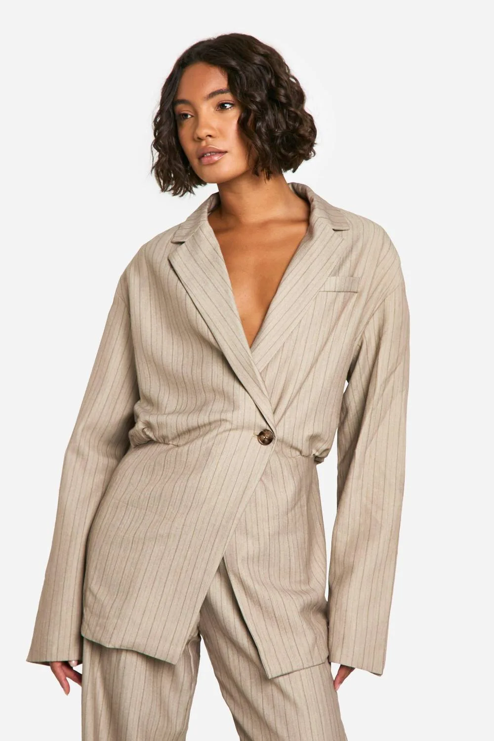 Cinched Waist Tailored Jacket - Stone by boohoo