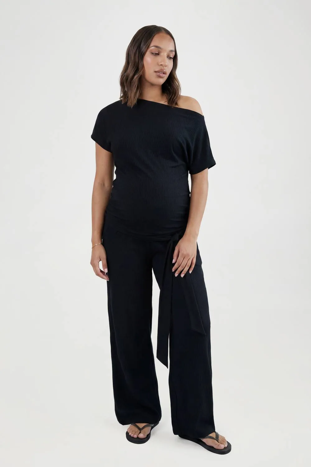 Slouchy Off-The Shoulder Top & Tie Waist Wide Leg Trouser by boohoo