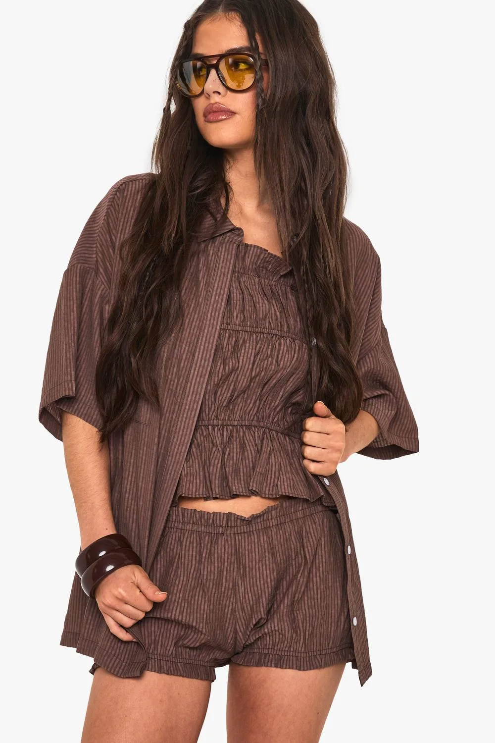 Textured Stripe Ruffle Shorts by boohoo