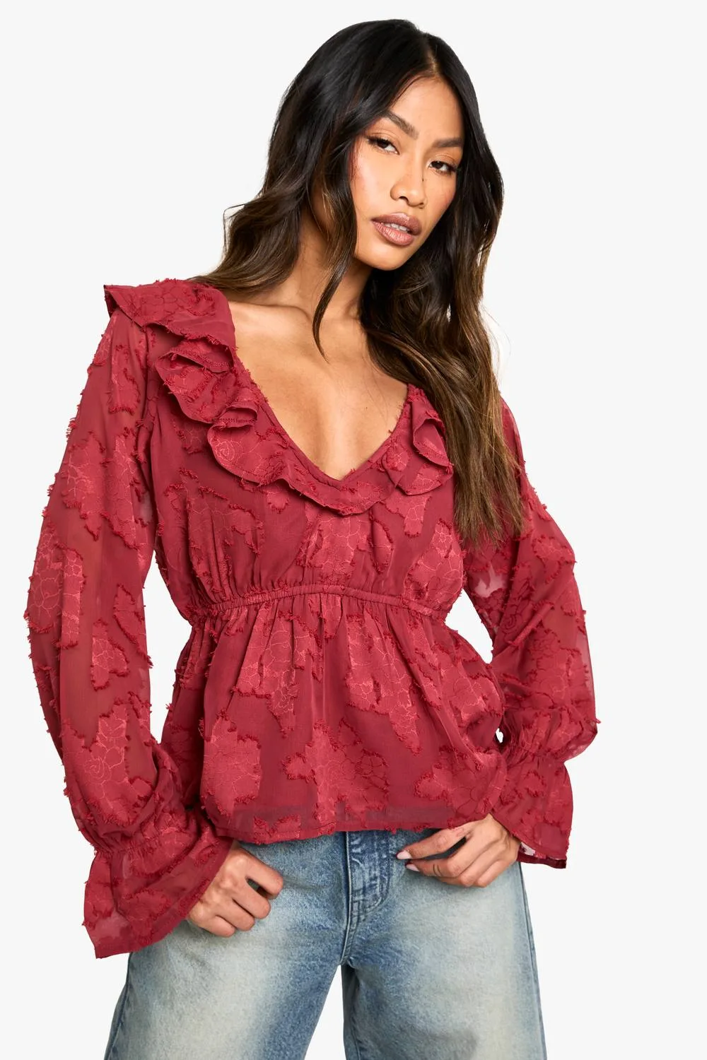 Burnout Floral Ruffle Neck & Cuff Blouse by boohoo