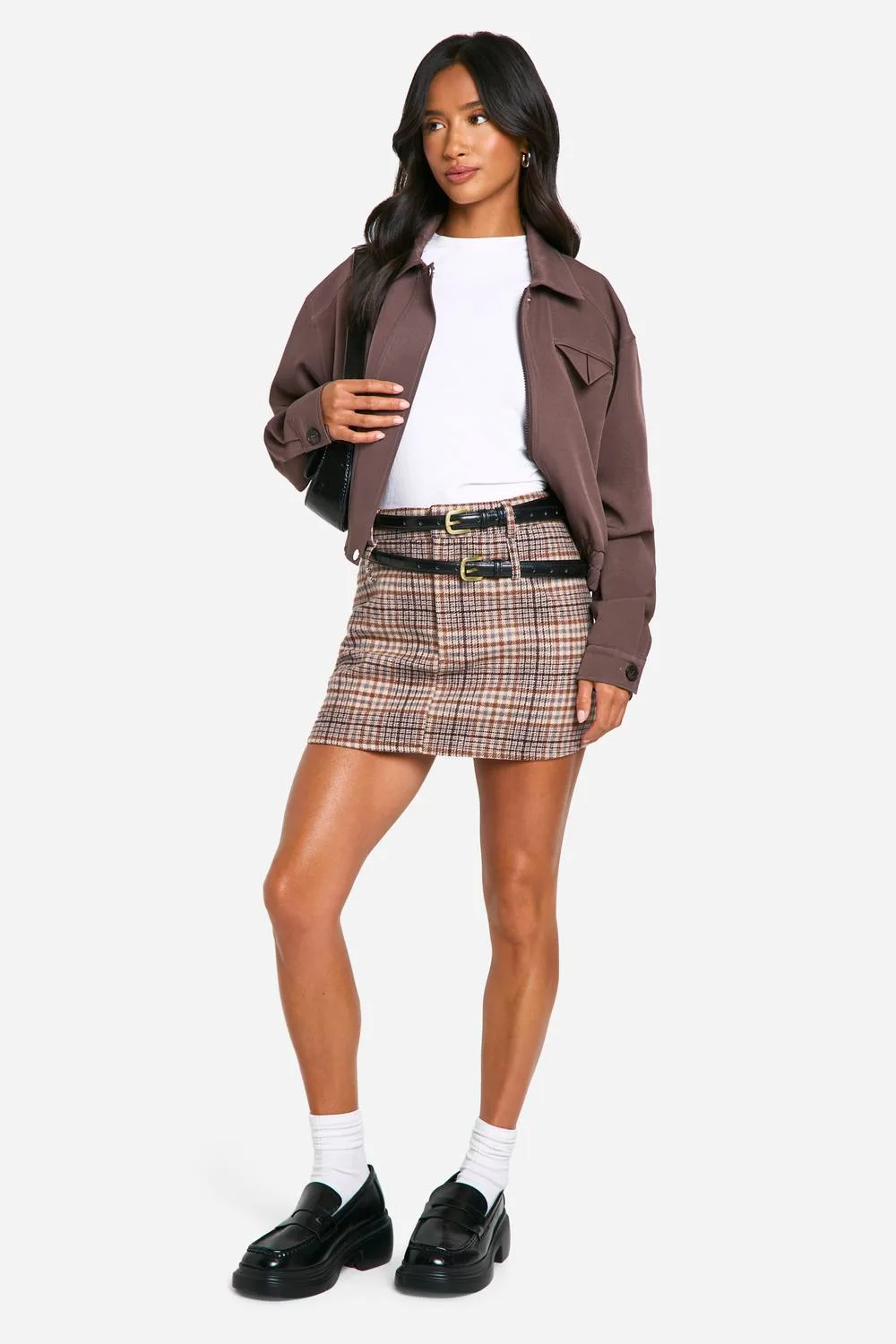 Petite Check Wool Look Micro Mini Skirt - Stone by boohoo