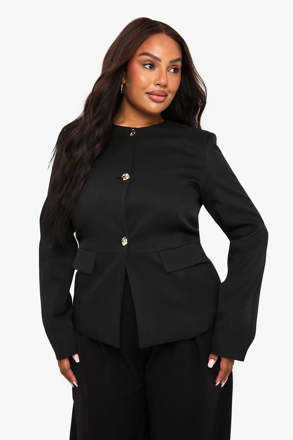 Crew Neck Gold Button Peplum Blazer by boohoo