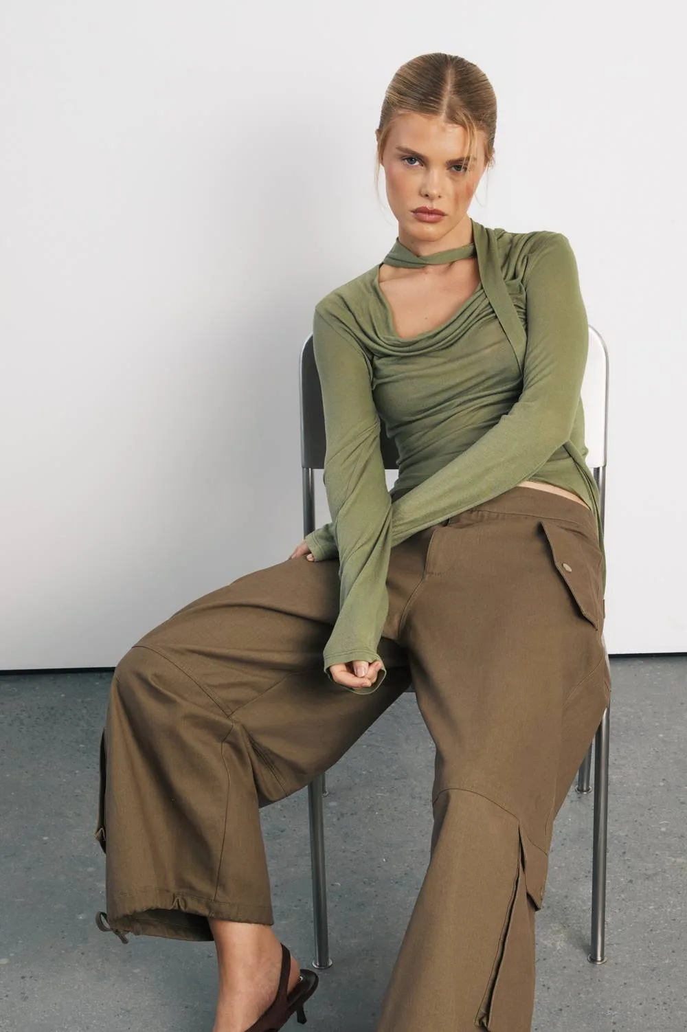 Sheer Knit Tie Cowl Neck Top