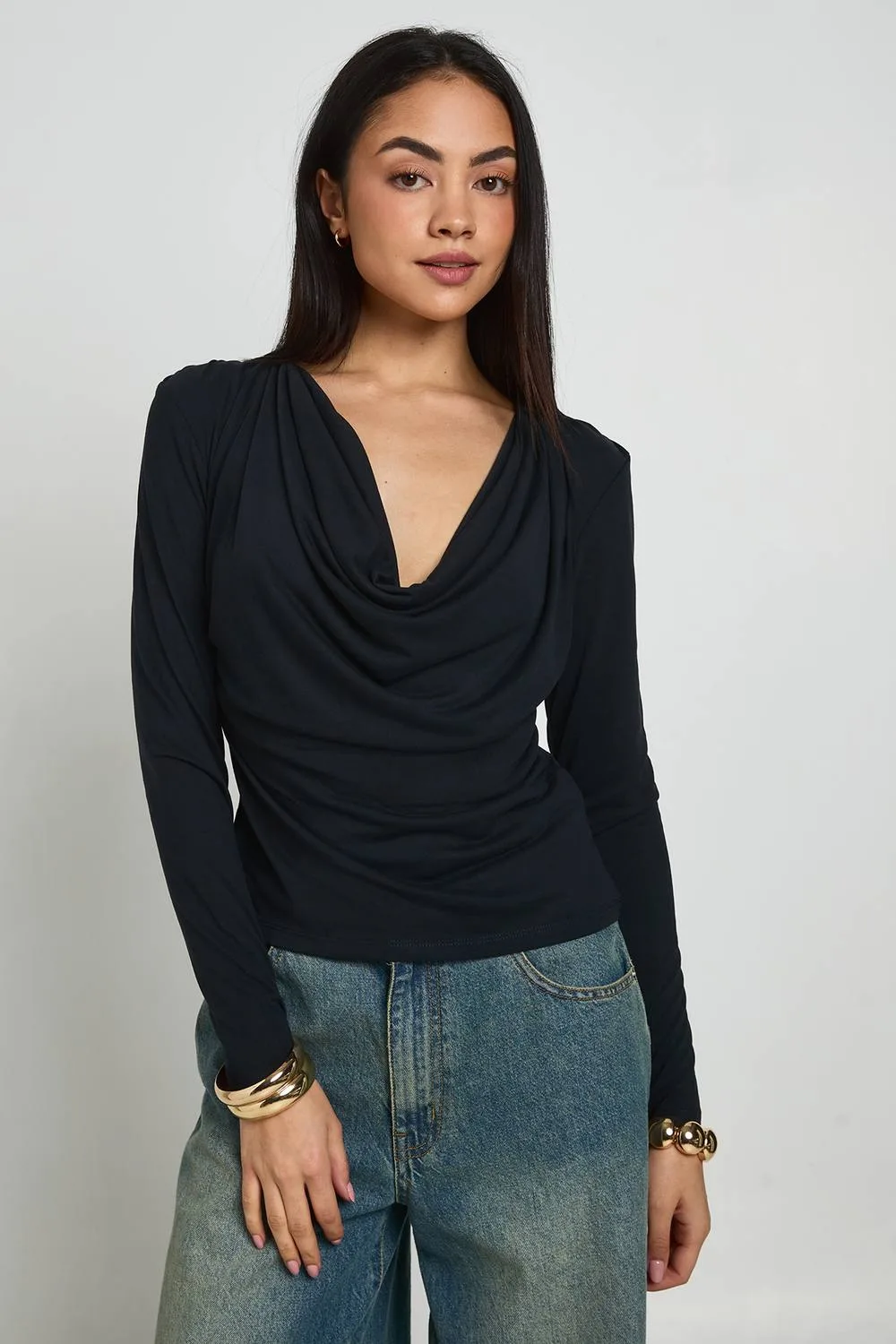Cupro Cowl Neck Long Sleeve Crop Top