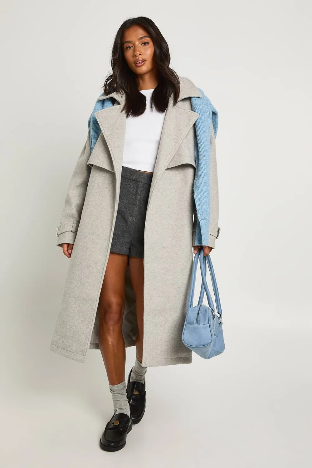 Petite Oversized Belted Wool Look Trench Coat by boohoo