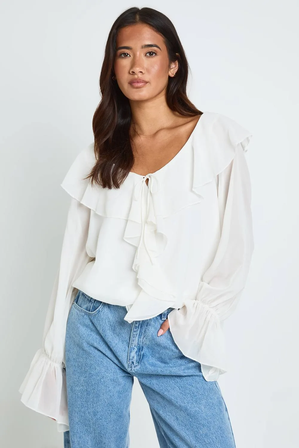 Ruffle Plunge Blouse by boohoo