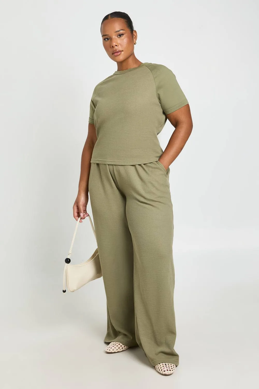 Waffle Mix T-Shirt & Wide Leg Trouser Co Ord by boohoo
