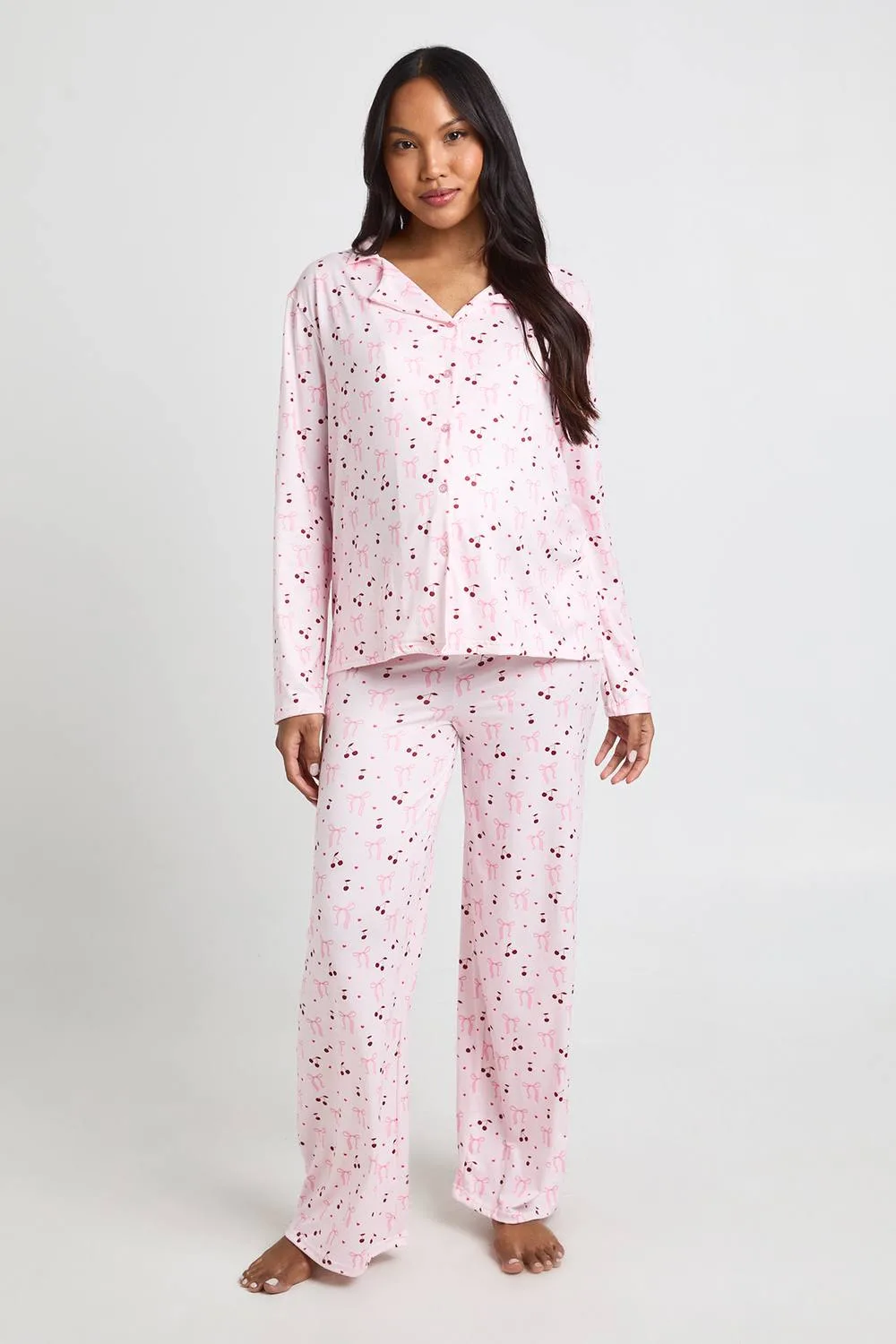 Maternity Bow & Heart Print Long Sleeve Shirt & Trouser Pyjama Set by boohoo