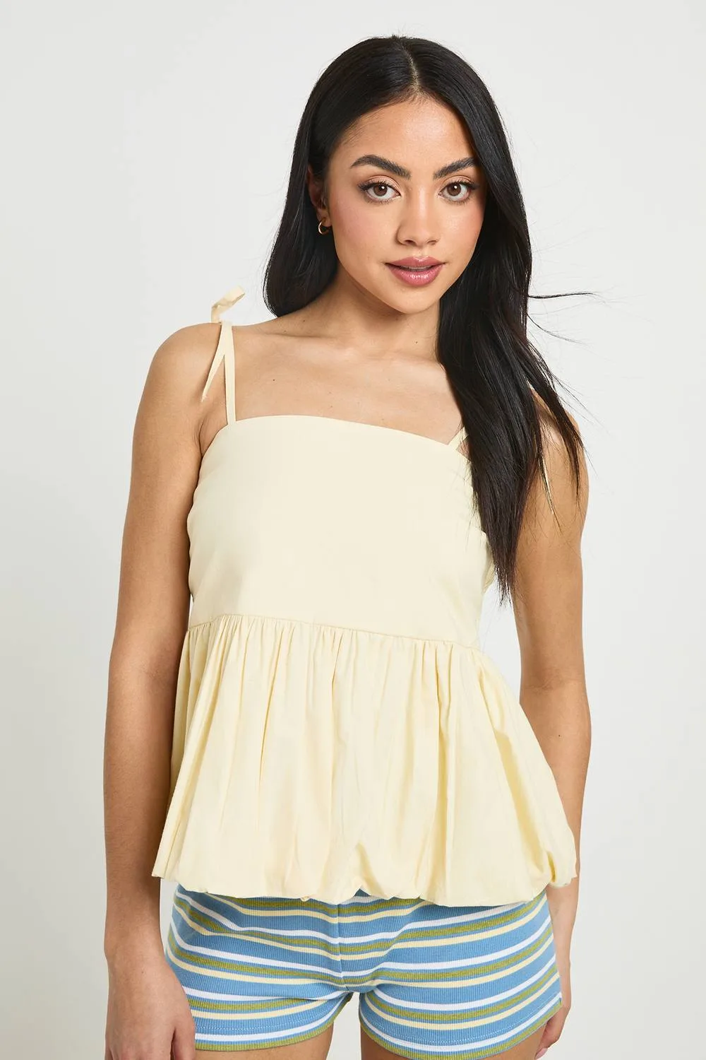 Cotton Poplin Puffball Tie Strap Cami by boohoo