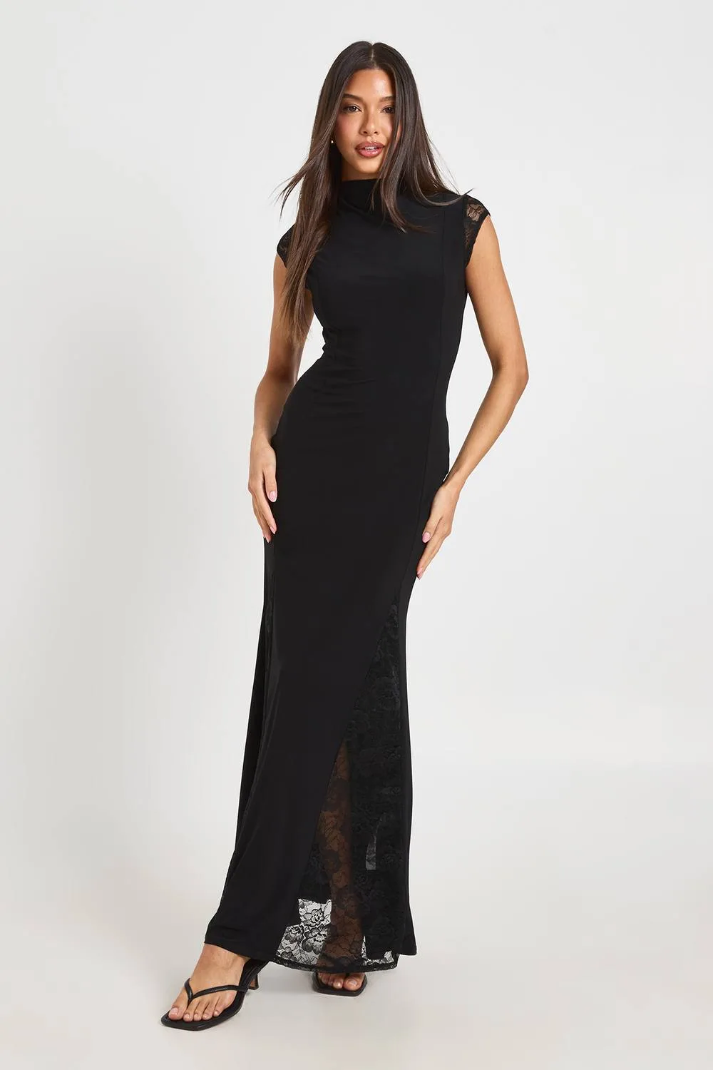 Slinky Grown on Neck Maxi Dress with Lace Inserts by boohoo
