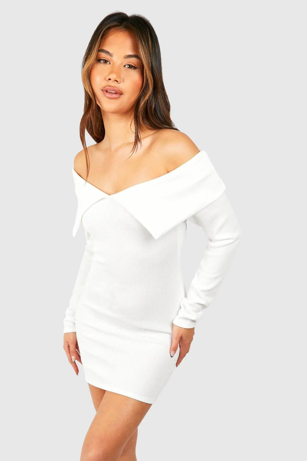 Bardot Heavy Rib Long Sleeve Mini Dress by boohoo