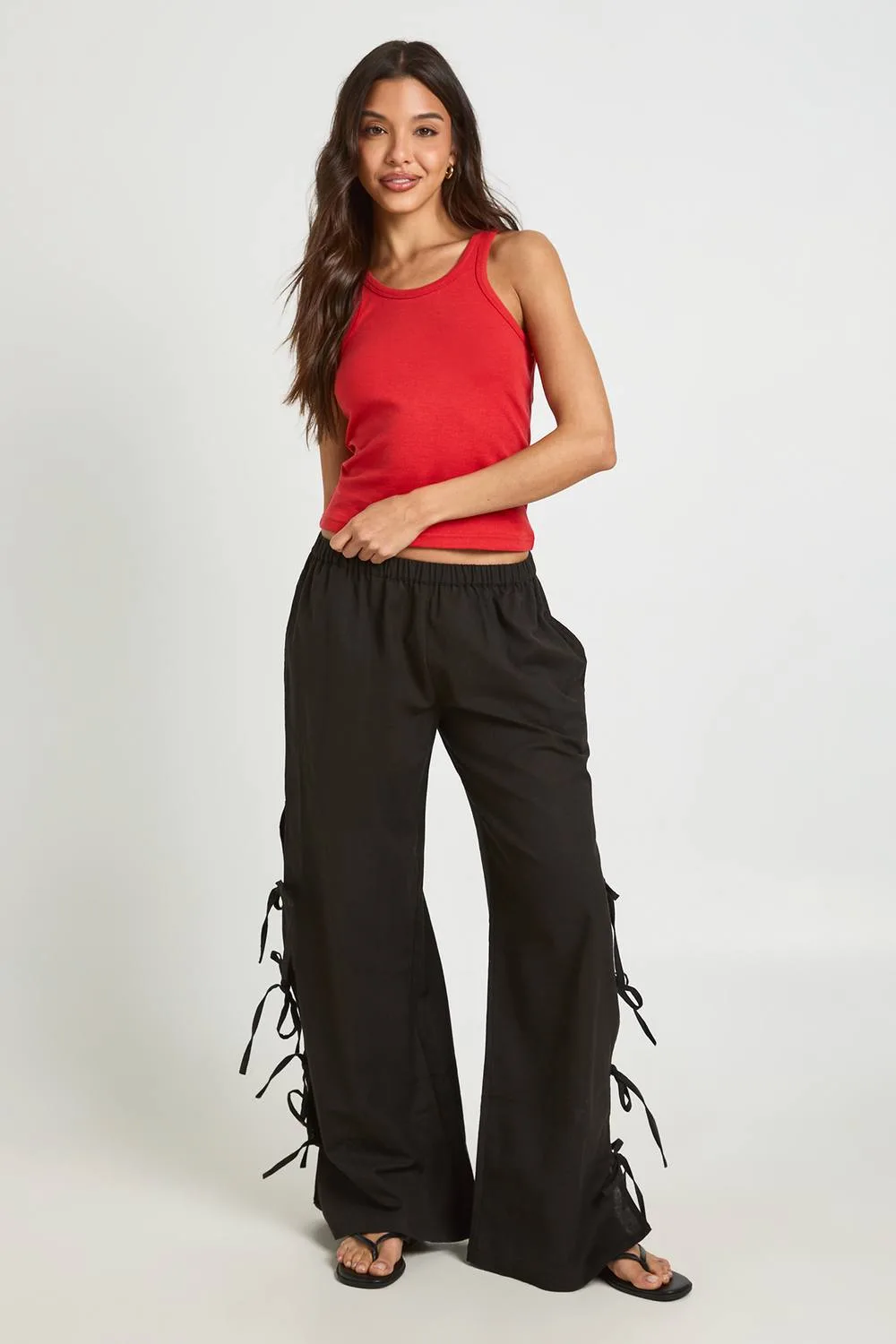 Linen Look Tie Side Wide Leg Trousers by boohoo