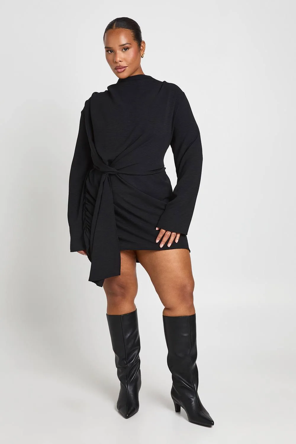 Hammered Cowl Neck Knot Detail Mini Dress by boohoo