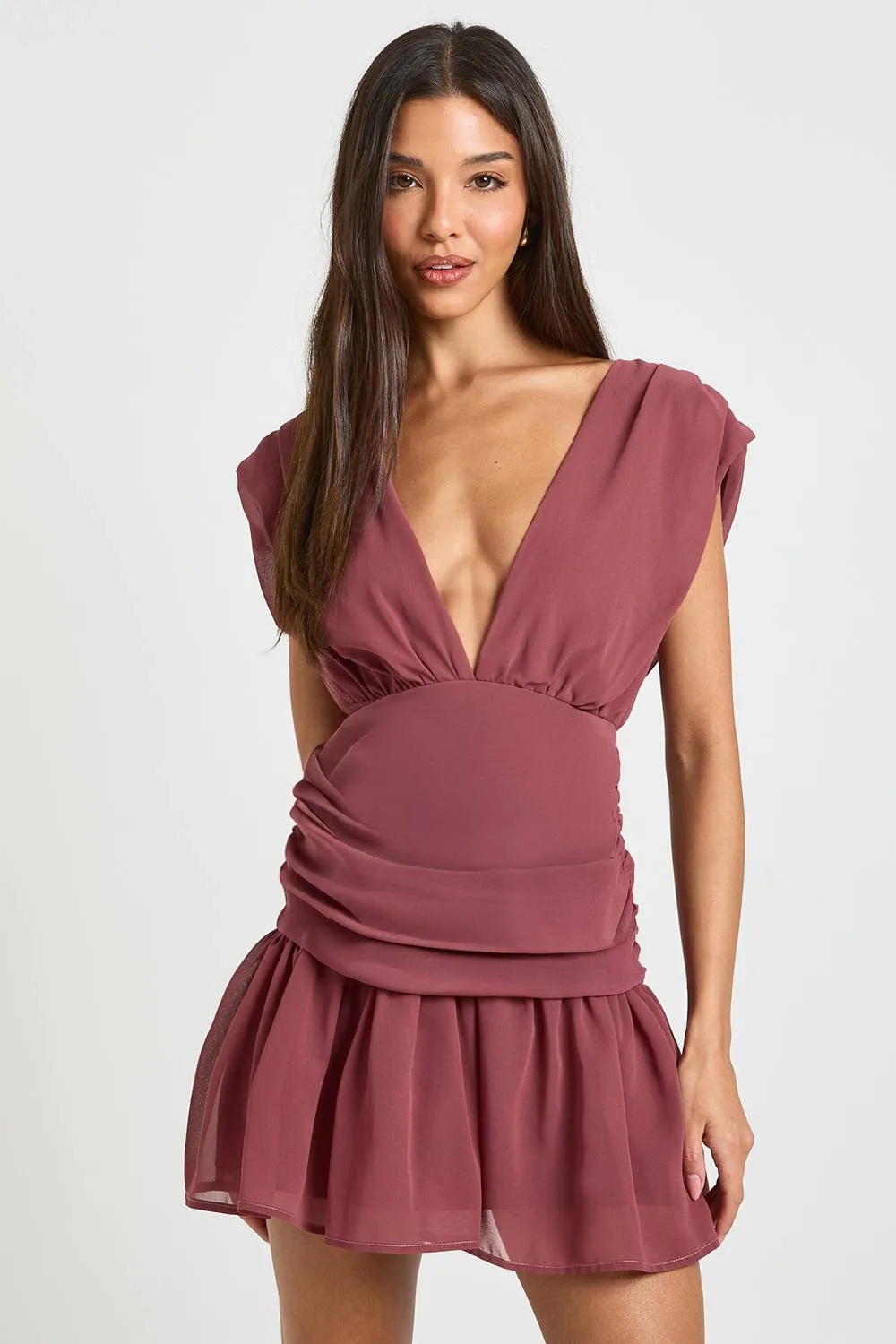 Chiffon Ruched Detail Plunge Front Mini Dress by boohoo
