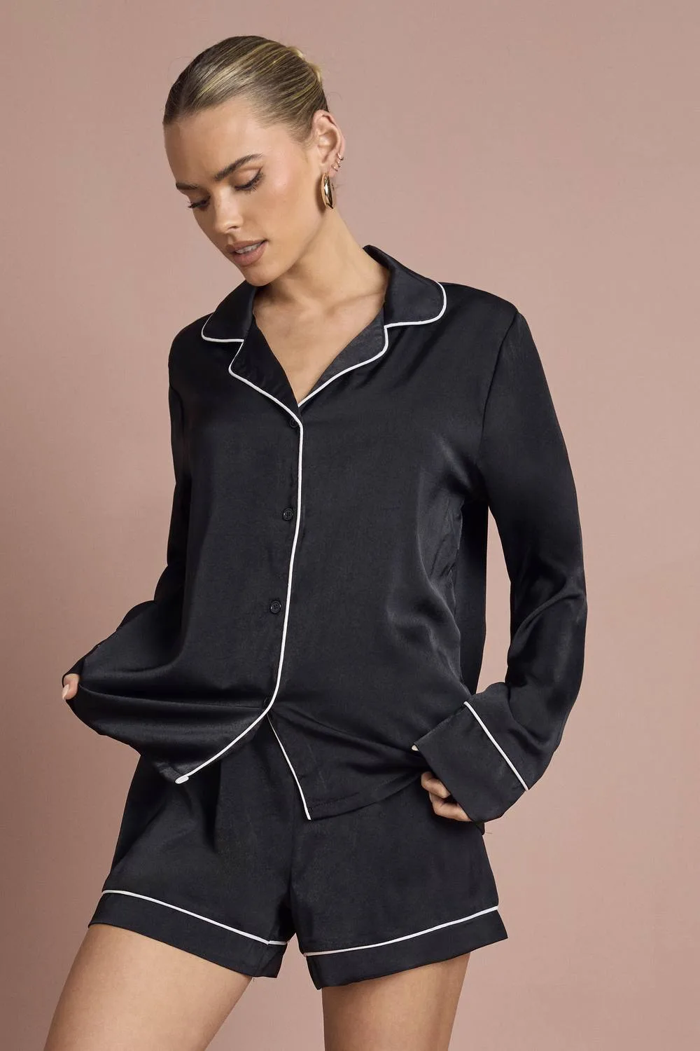 Satin Piping Detail Long Sleeve Shirt & Shorts Pyjama Set by boohoo
