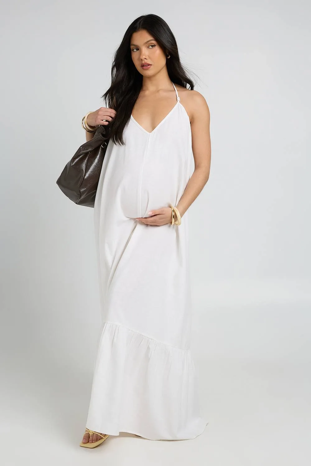 Maternity Beaded Tie One Shoulder Smock Maxi Dress by boohoo