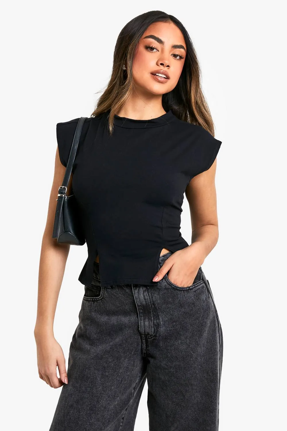 Jersey Cap Sleeve Split Hem Top by boohoo