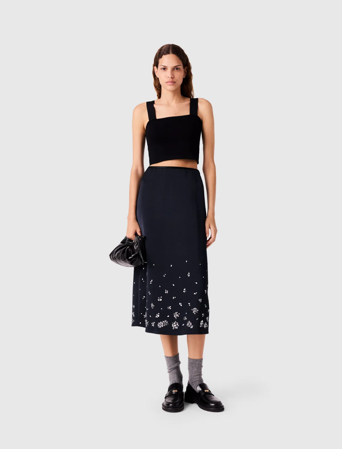 Embroidered Satin Midi Skirt by Maje