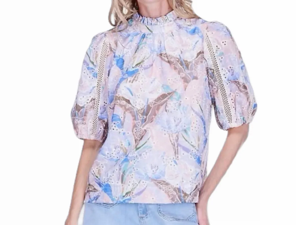Short-Sleeved Eyelet Blouse in Azure by Joy Joy