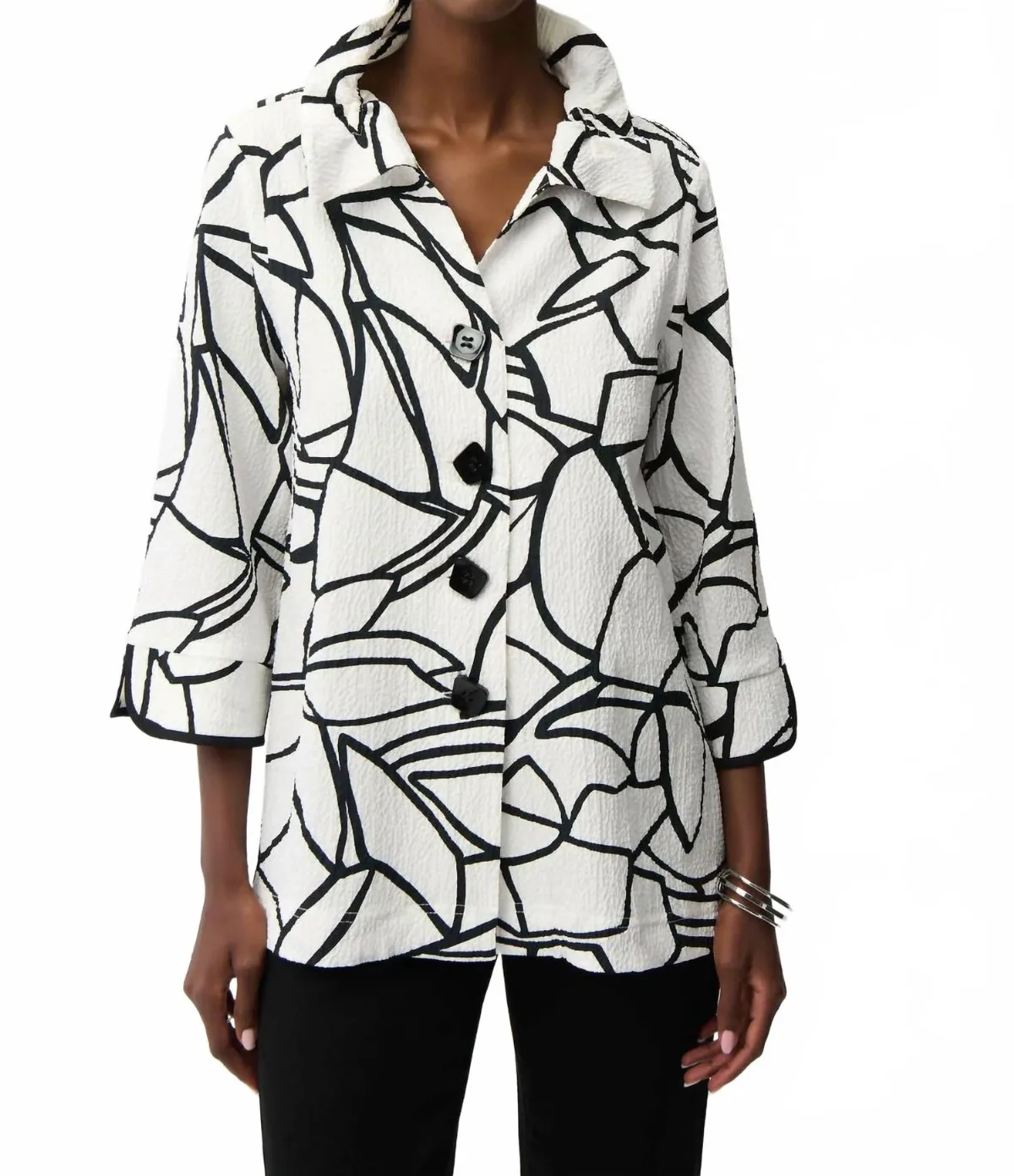 Seersucker Abstract Print Trapeze Jacket with Contrast Button in Vanilla/Black by Joseph Ribkoff