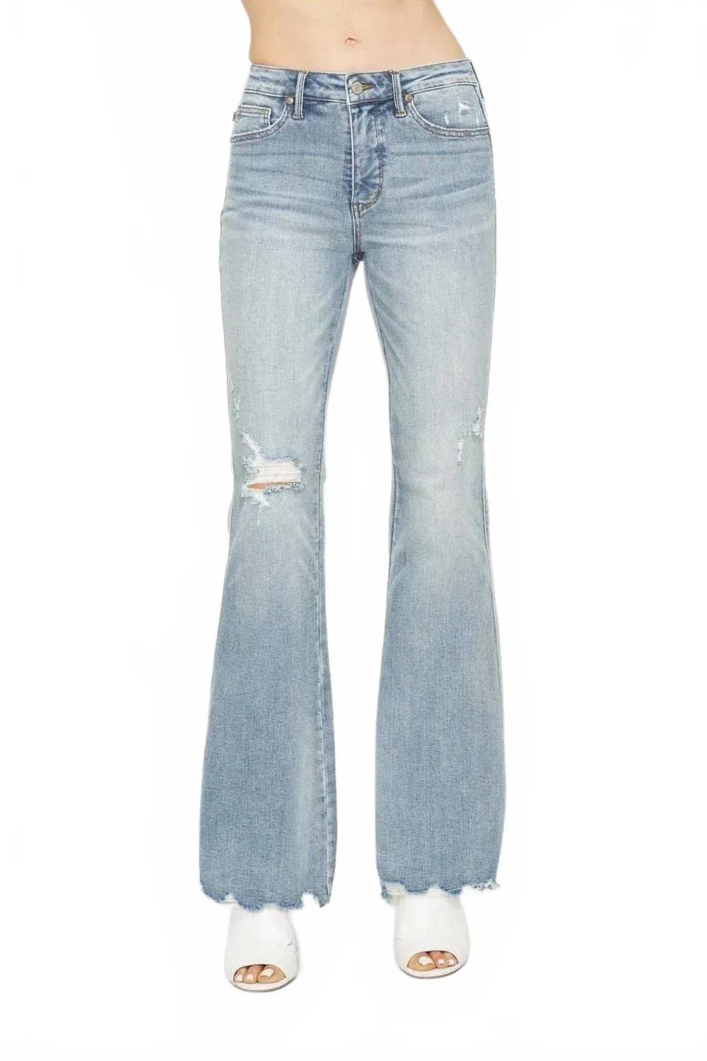 Mid Rise Tummy Control Destroy Flare Jeans by Judy Blue